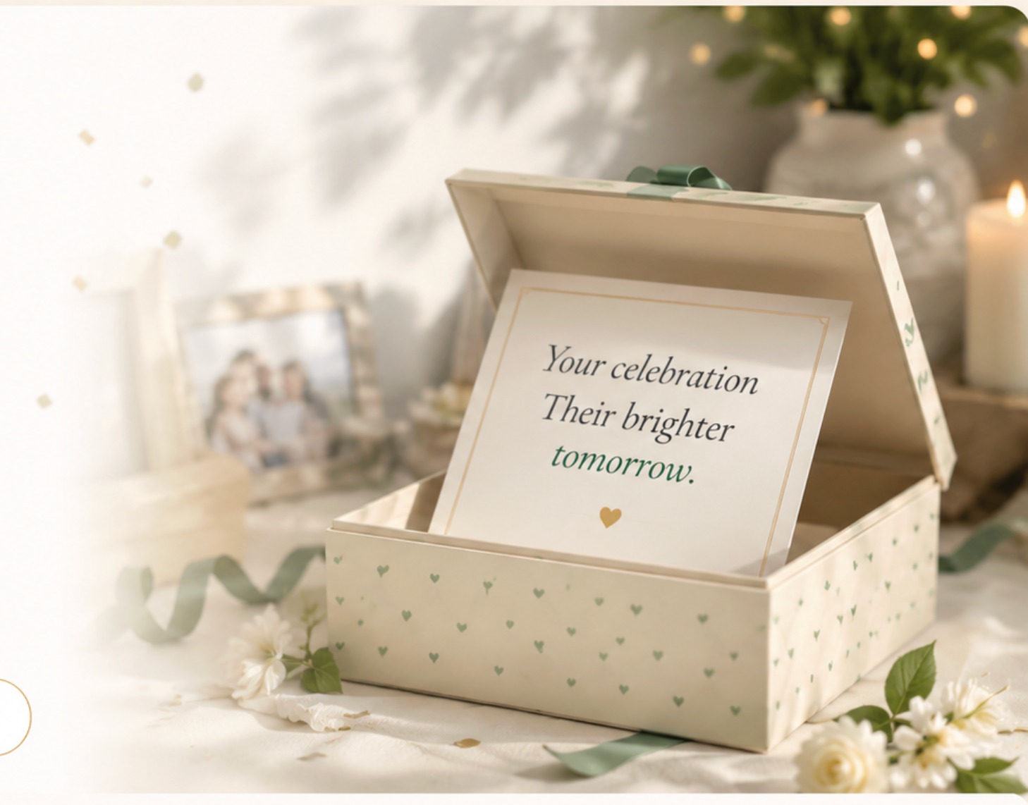 Cream gift box with a heart-pattern skin, an open lid with a green ribbon, and a card inside reading 'Your celebration. Their brighter tomorrow.'
