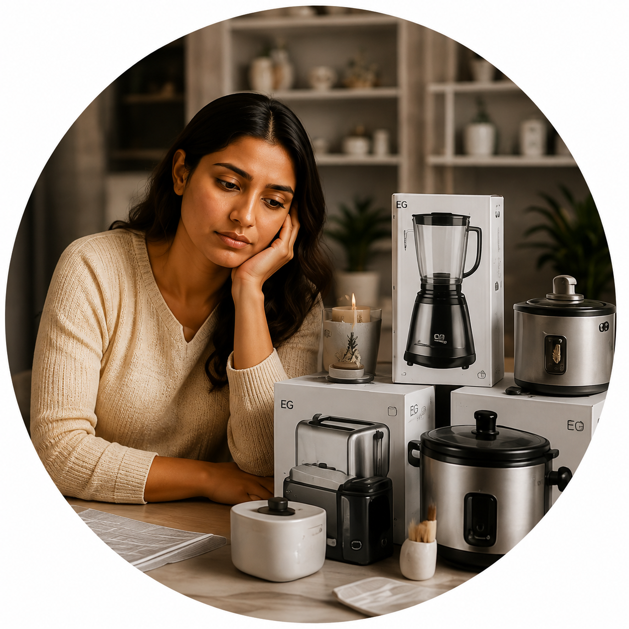 A host beside a row of duplicate kitchen appliances