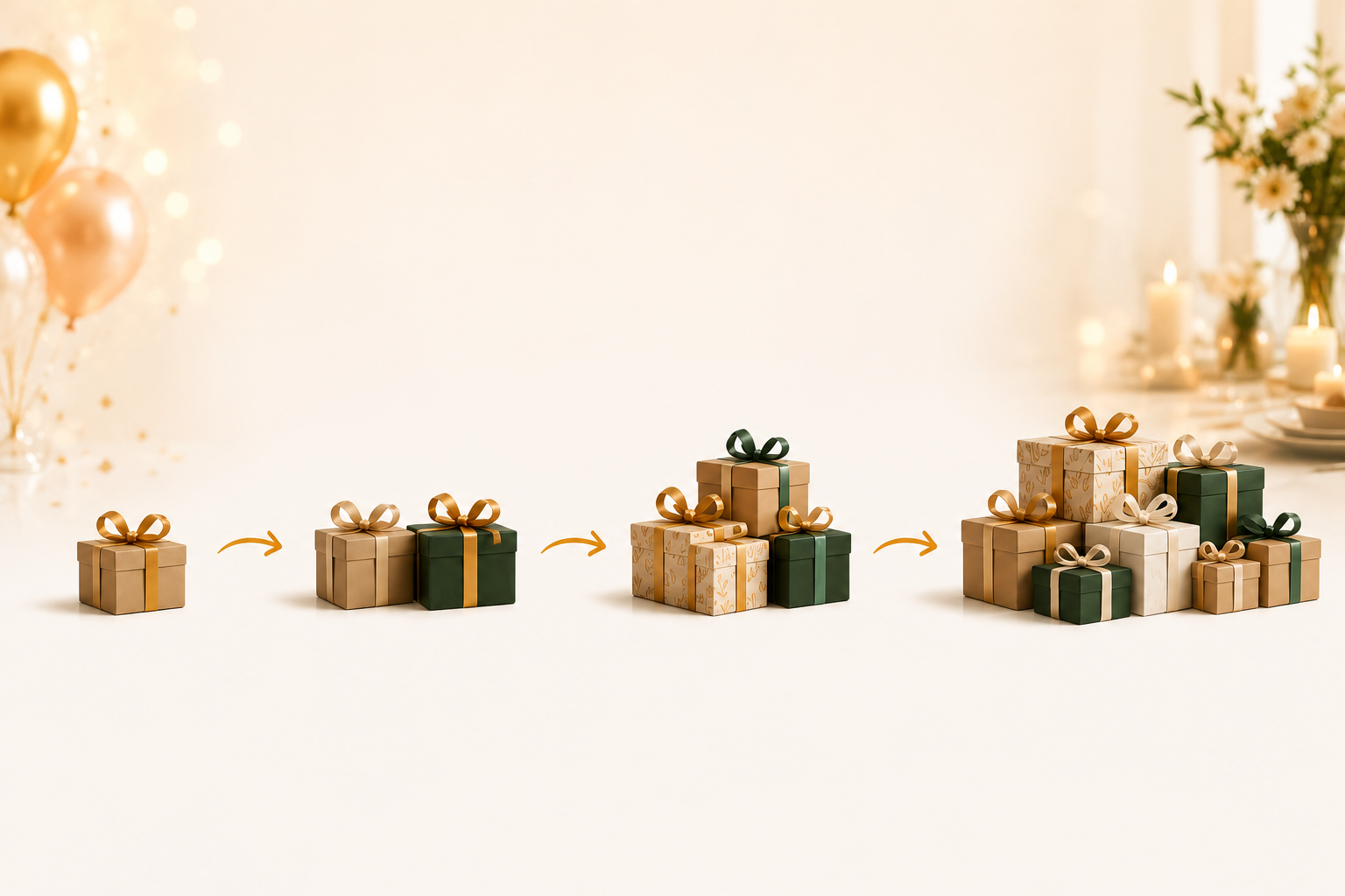 A single gift growing into a pile of gifts