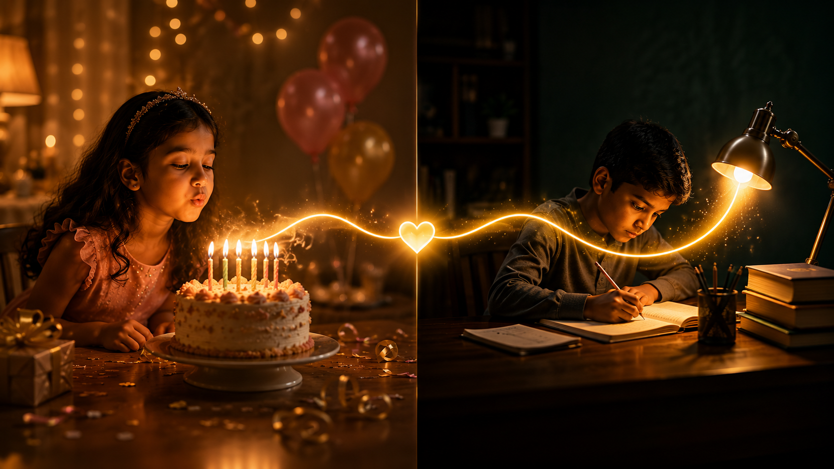 A girl blowing out birthday candles on one side and a boy studying by lamplight on the other, joined by a ribbon of light