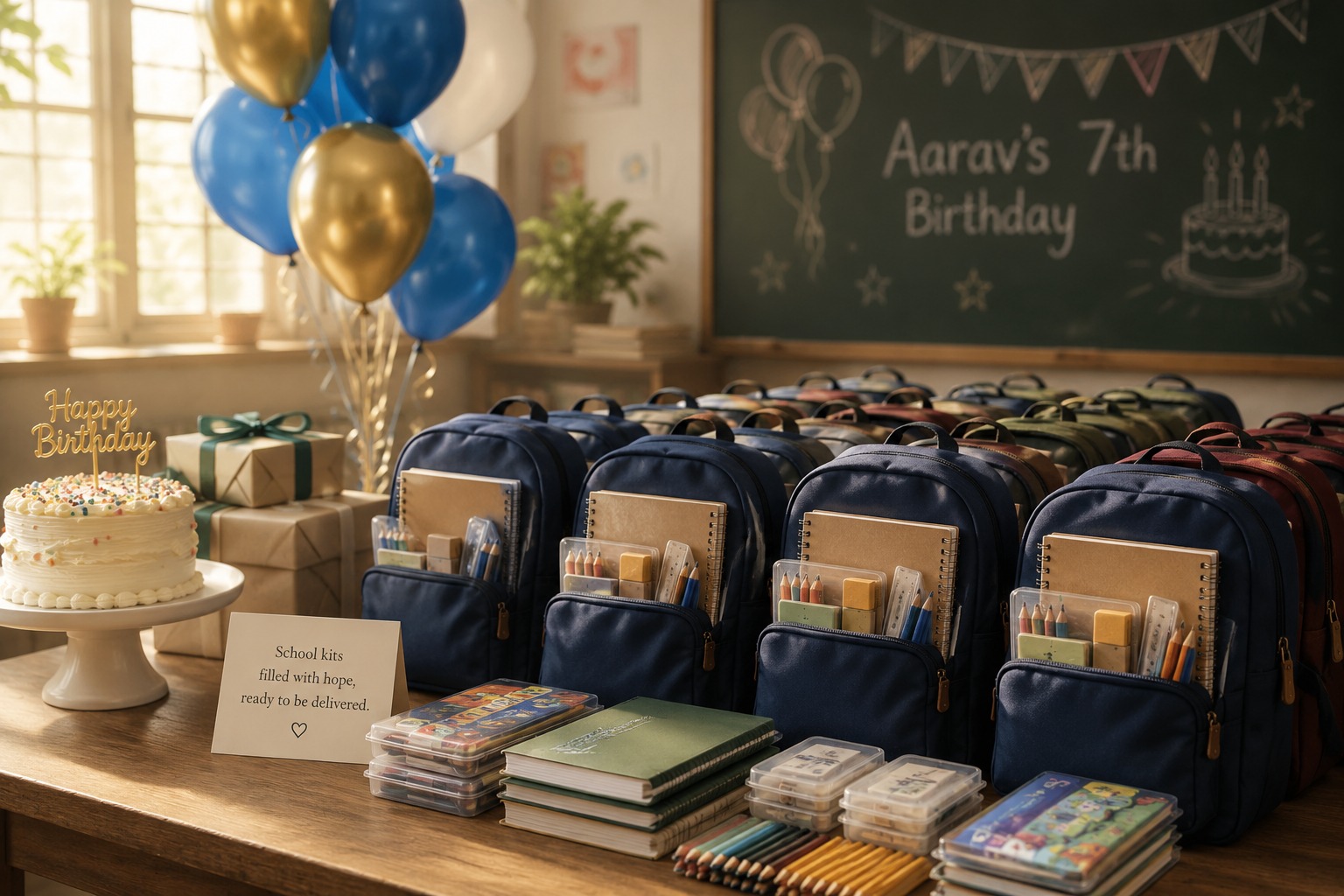 Aarav's 7th Birthday classroom scene — cake, gifts, and a row of navy school-kit backpacks with notebooks and stationery, chalkboard reading Aarav's 7th Birthday.