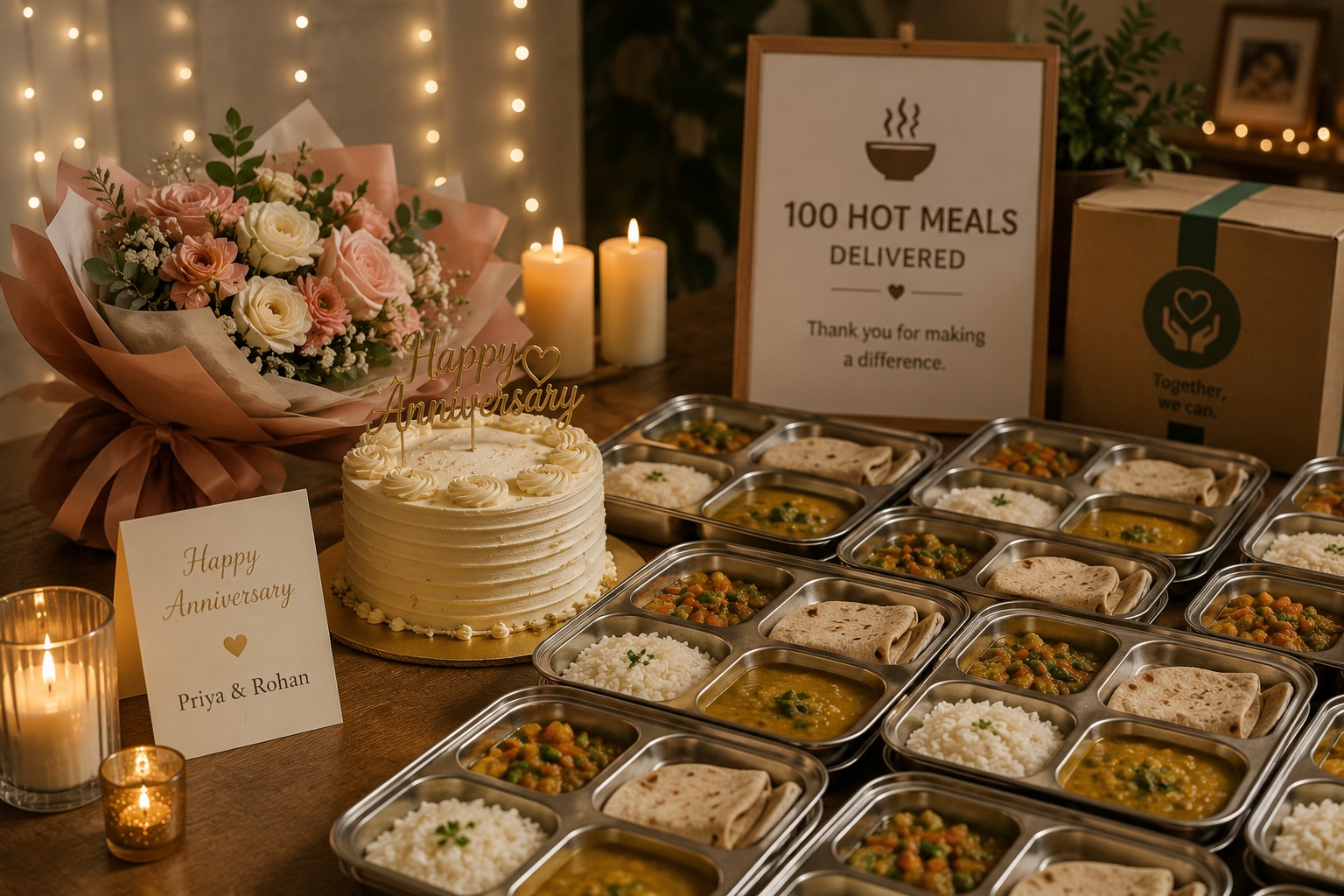Priya & Rohan's Anniversary spread — bouquet, cake, a Happy Anniversary card, and a grid of steel meal trays with rice, dal, sabzi and roti; sign reads 100 Hot Meals Delivered.