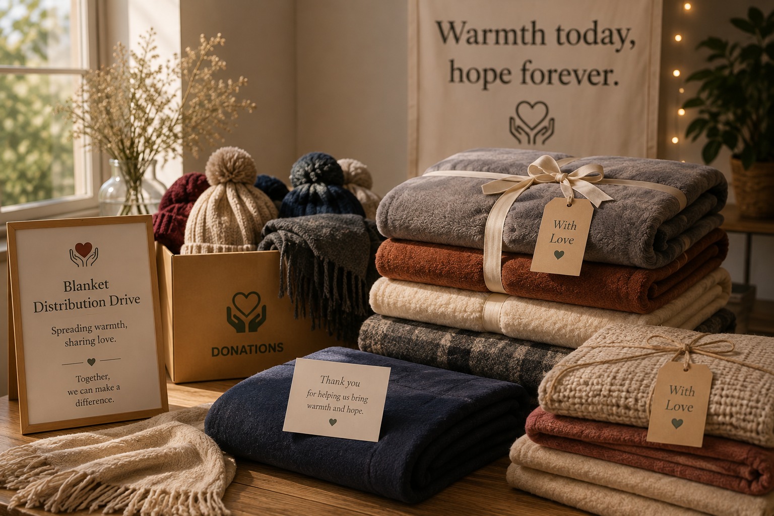 Blanket Distribution Drive — stacks of folded blankets with "With Love" tags, knit caps, and a banner reading "Warmth today, hope forever."